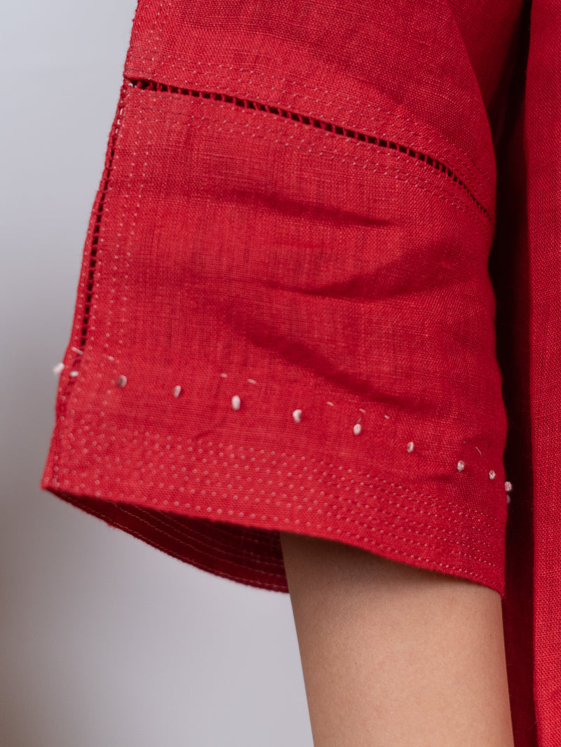Linen Hand Embroidered Tunic - Red