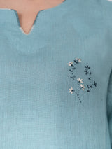Linen Hand Embroidered Dress - Blue