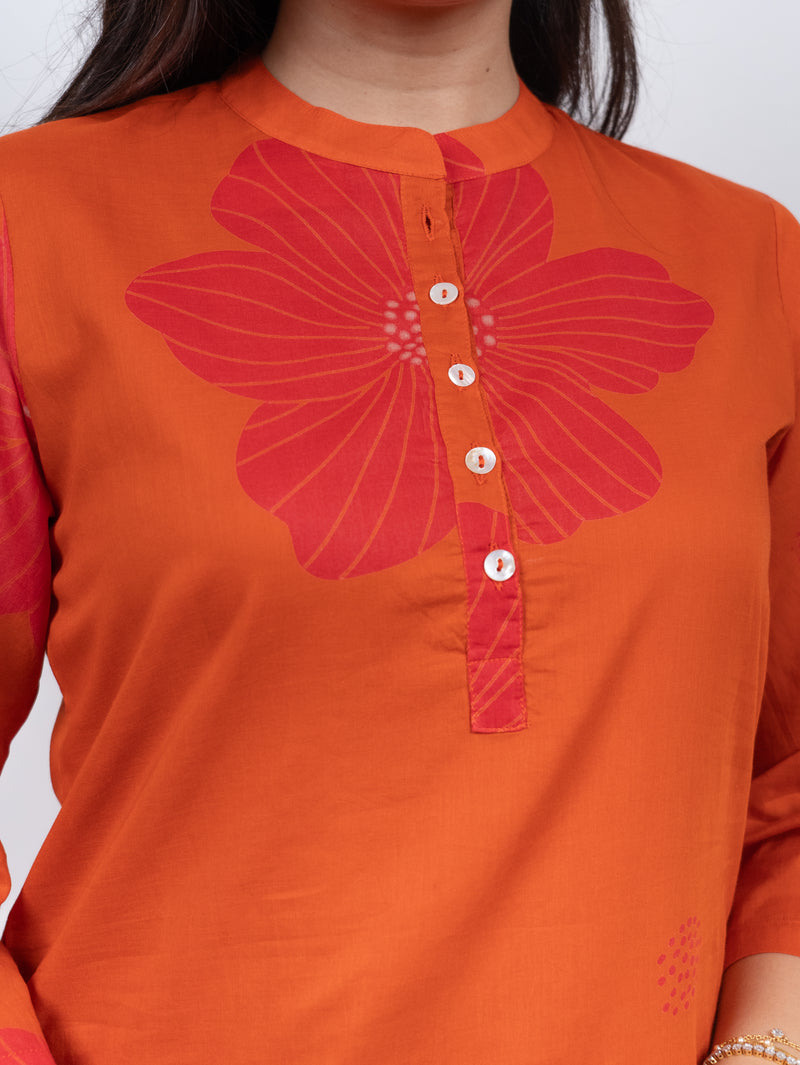 Cotton Screen Printed Kurta - Orange