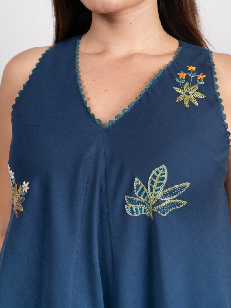 Cotton Hand Embroidered Dress - Blue