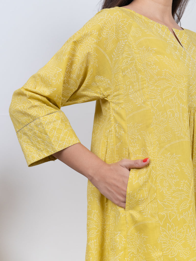Cotton Hand Block Printed Kurta - Yellow