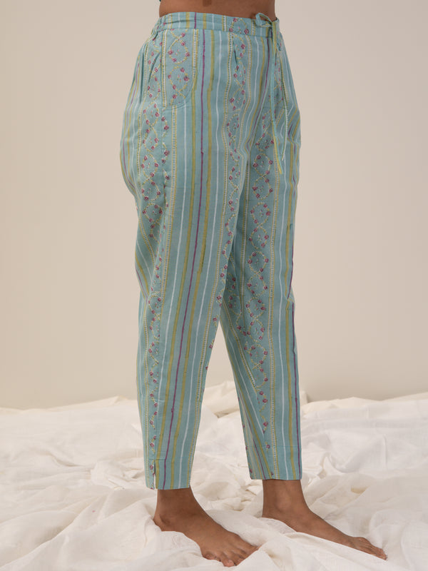 Cotton Hand Block Printed Parallel - Blue