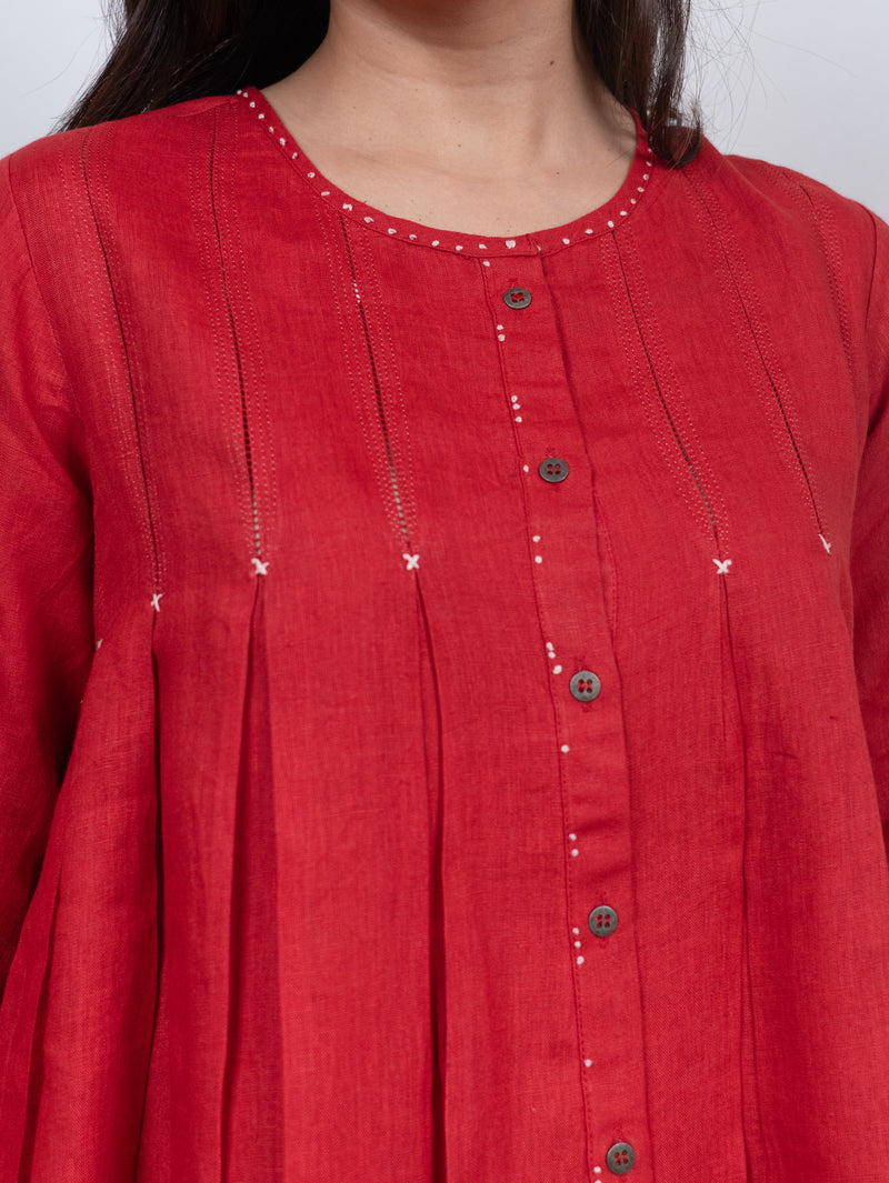 Linen Hand Embroidered Tunic - Red