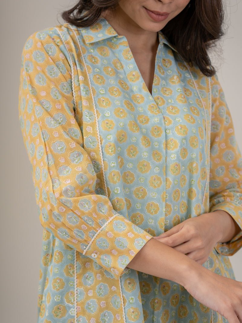 Cotton Hand Block Printed Dress- Yellow