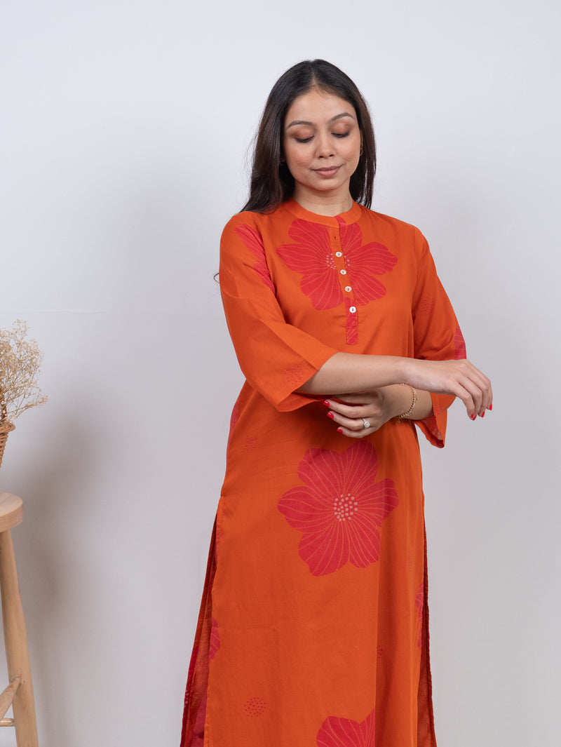 Cotton Screen Printed Kurta - Orange