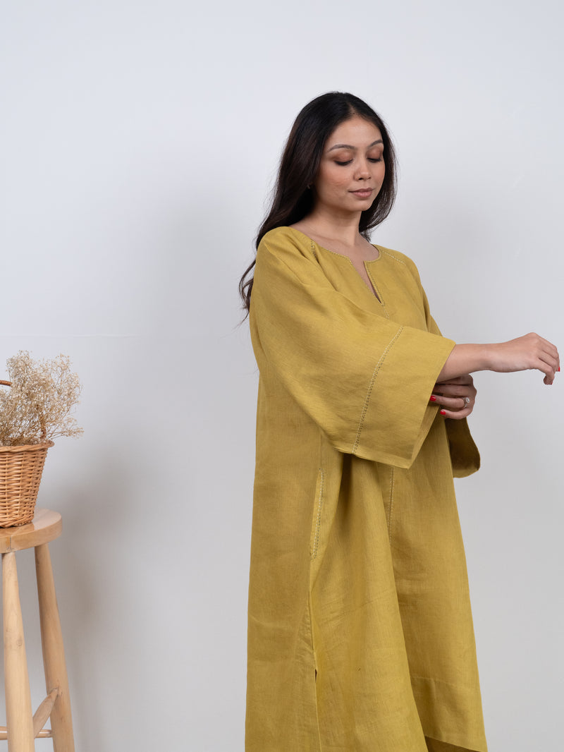 Linen Hand Embroidered Dress - Yellow