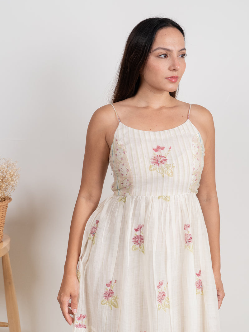 Cotton Hand Blocked Printed Dress - White