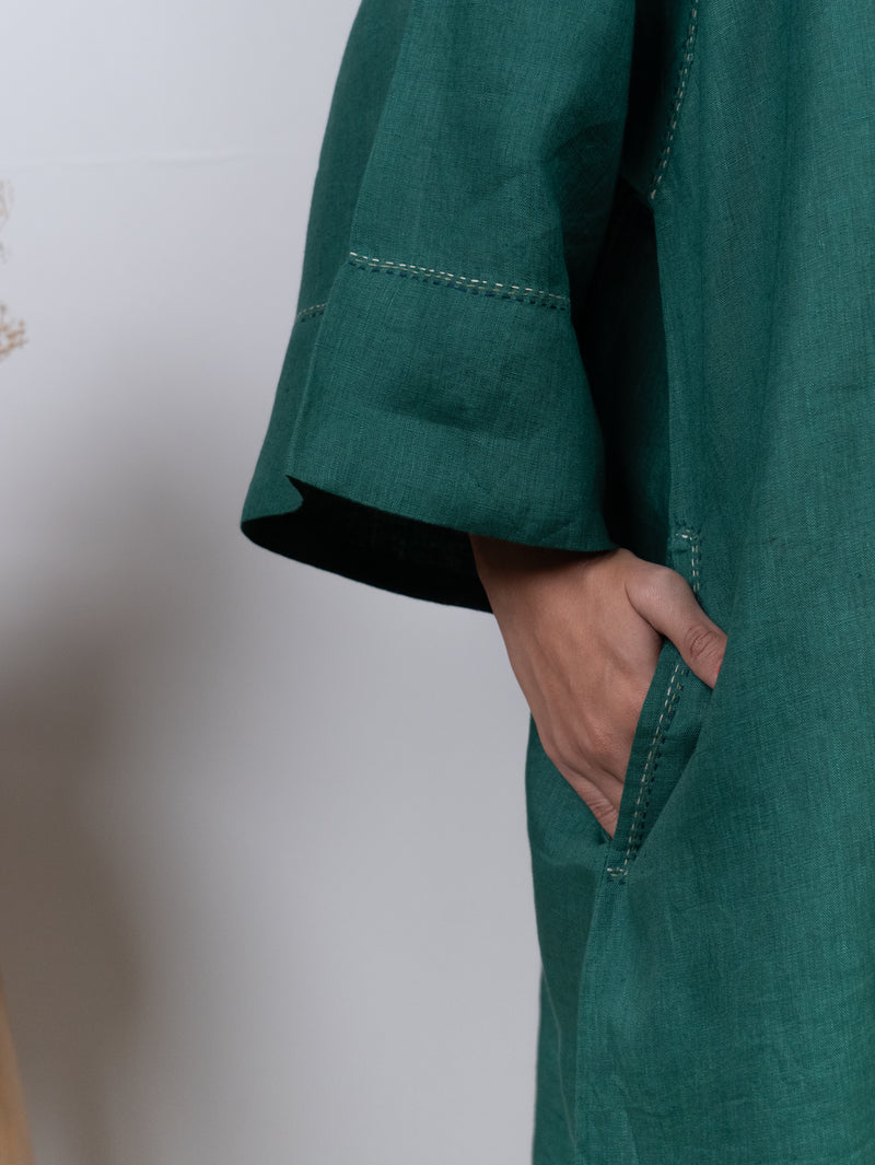 Linen Hand Embroidered Dress - Green