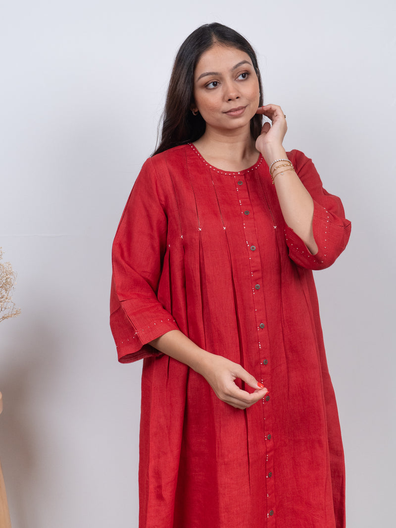 Linen Hand Embroidered Tunic - Red