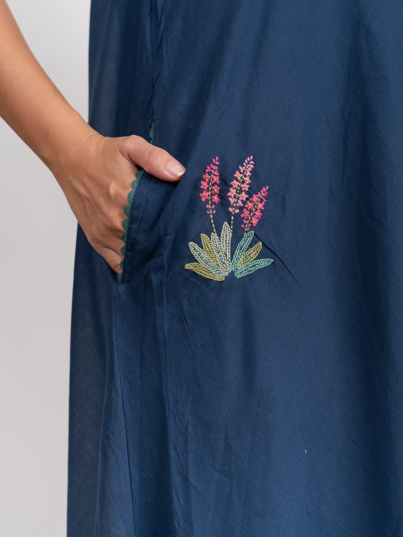 Cotton Hand Embroidered Dress - Blue