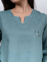Linen Hand Embroidered Dress - Blue