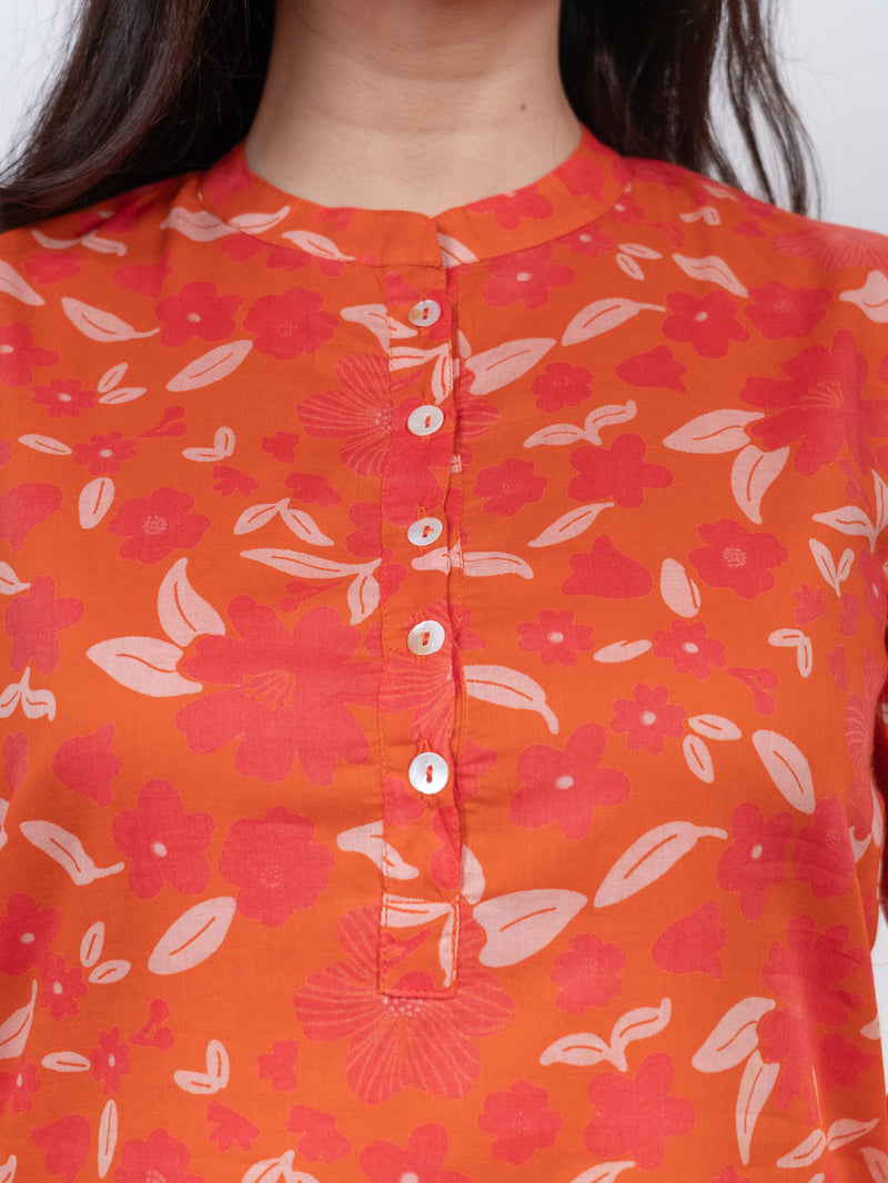 Cotton Screen Printed Kurta - Orange