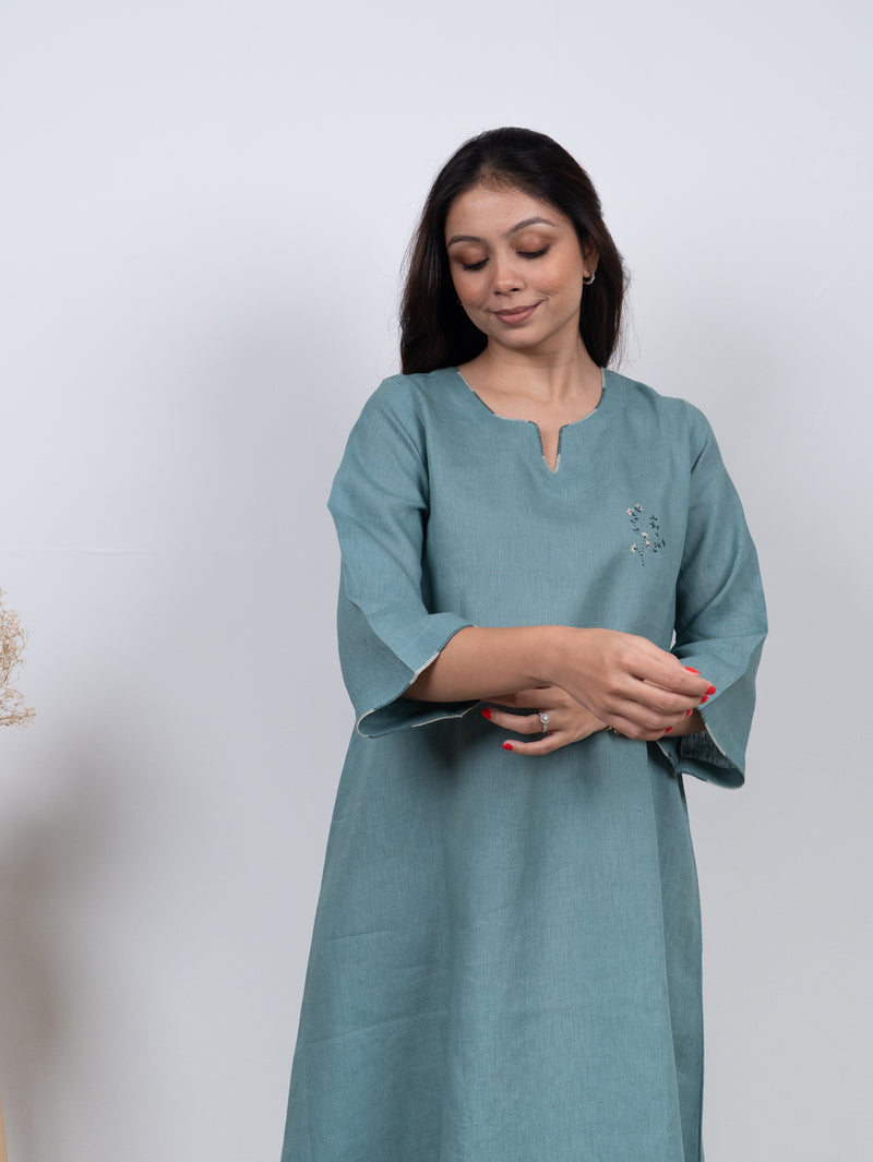 Linen Hand Embroidered Dress - Blue