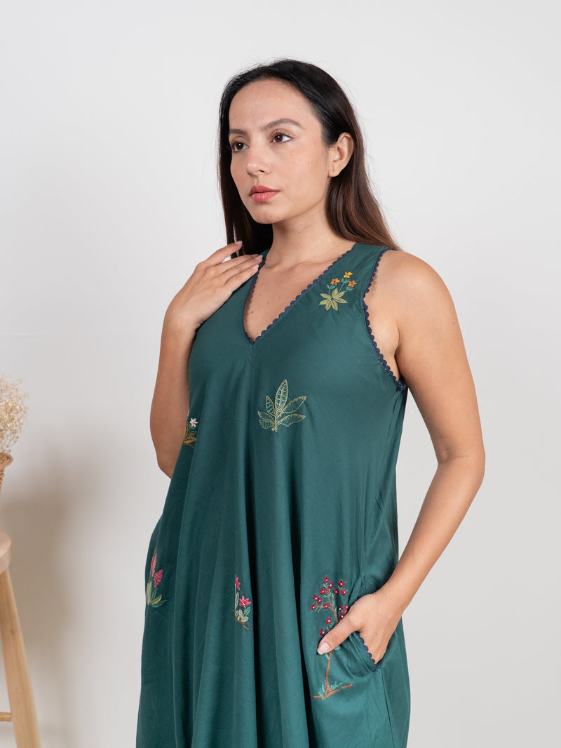 Cotton Hand Embroidered Dress - Green