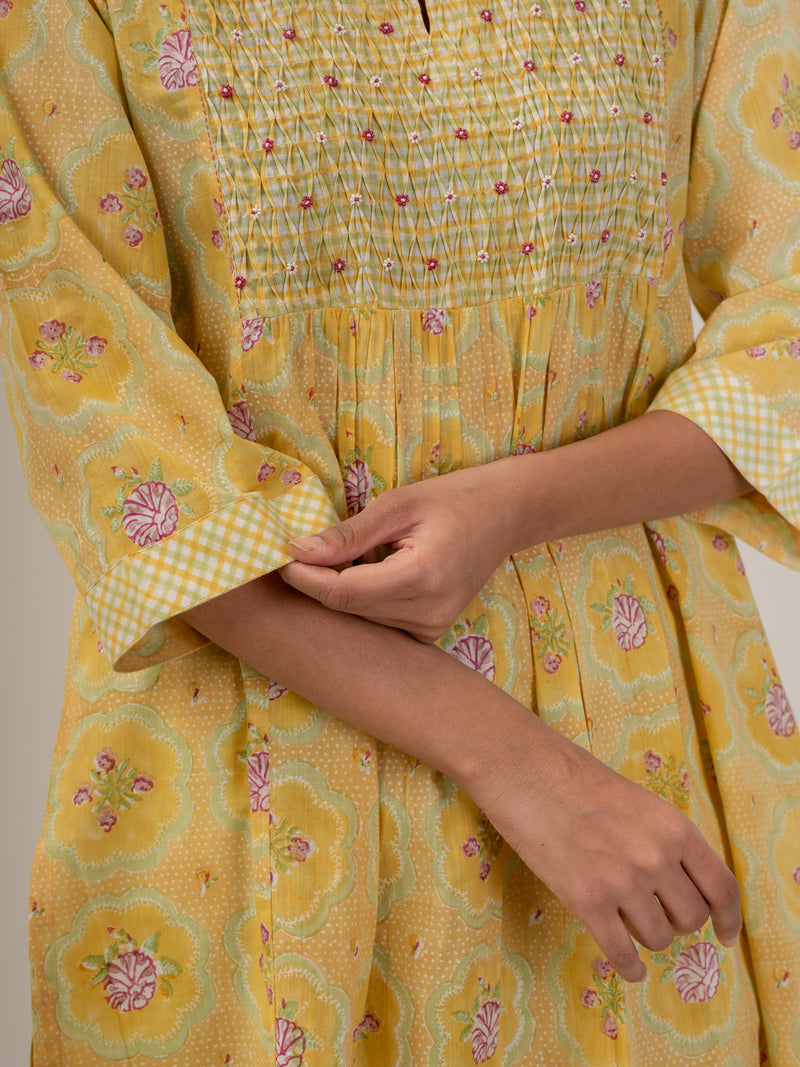 Cotton Hand Block Printed Kurta - Yellow