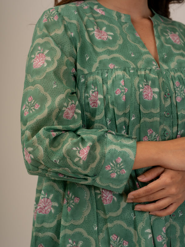 Cotton Hand Block Printed Top - Green