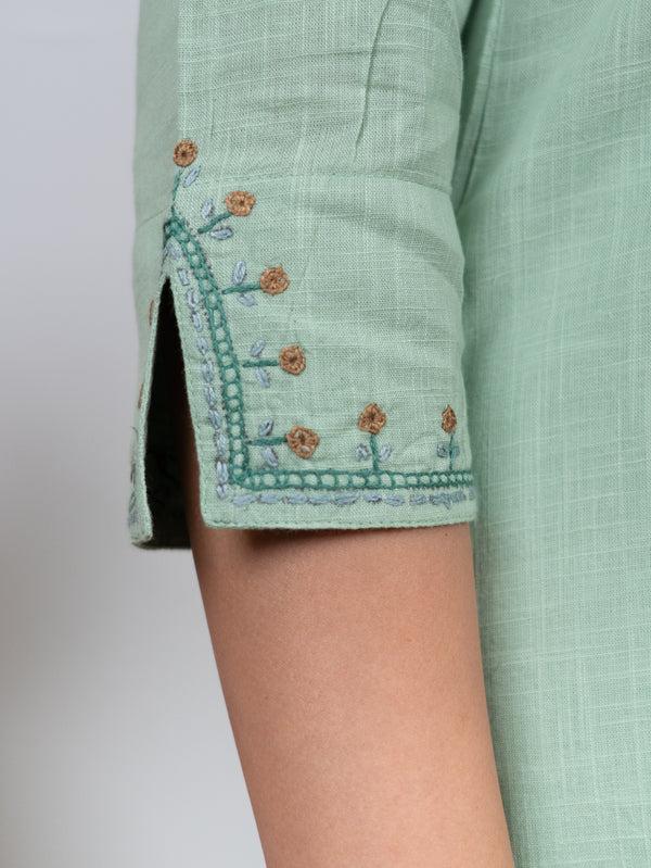 Cotton Hand Embroidery Kurta - Green