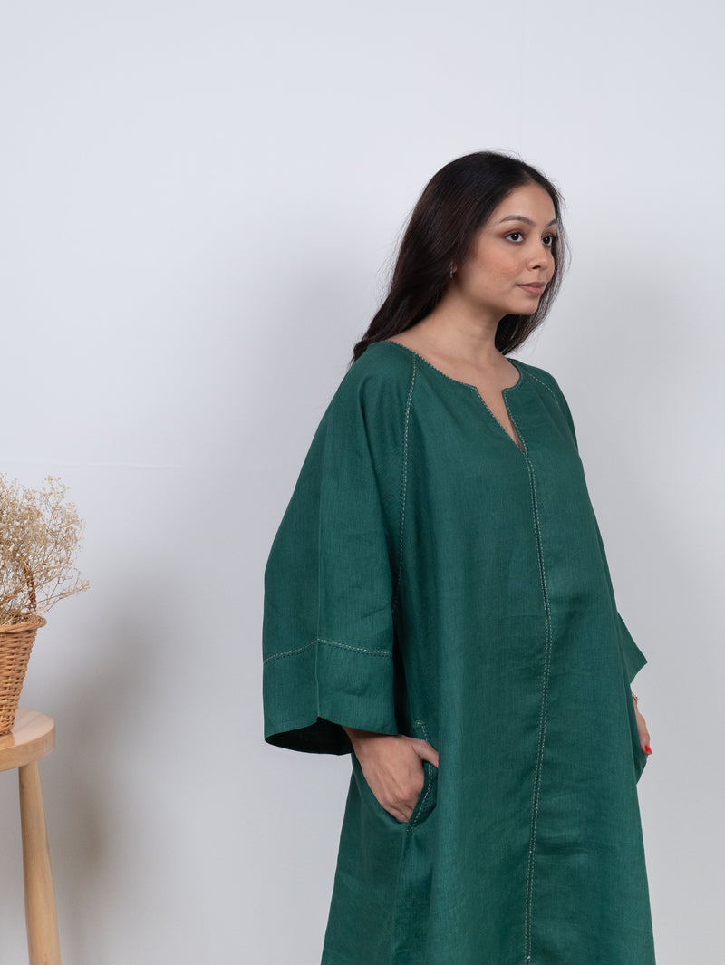 Linen Hand Embroidered Dress - Green
