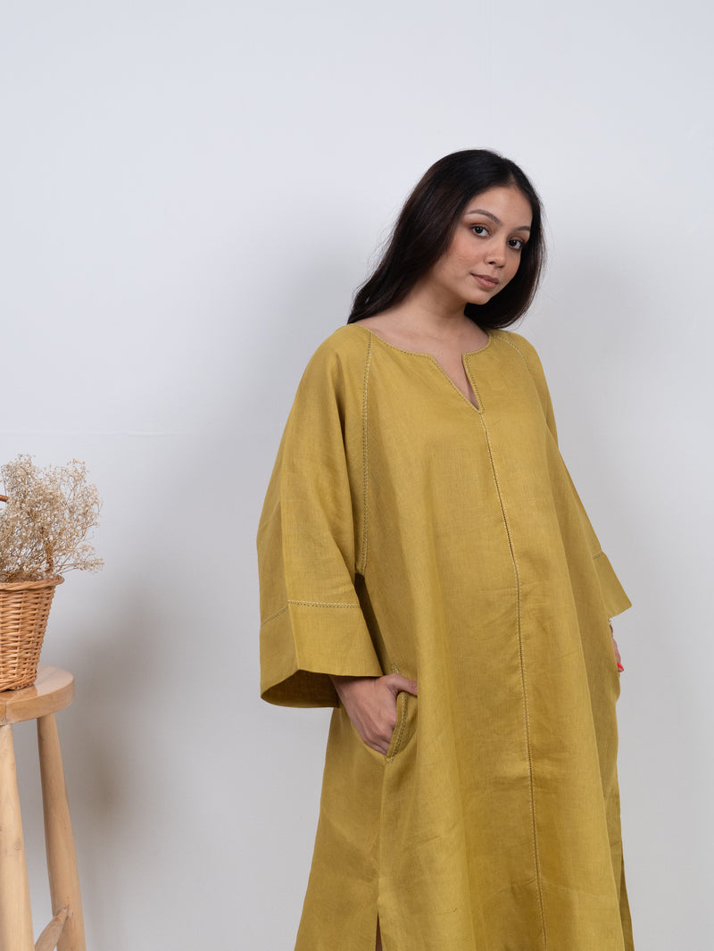 Linen Hand Embroidered Dress - Yellow