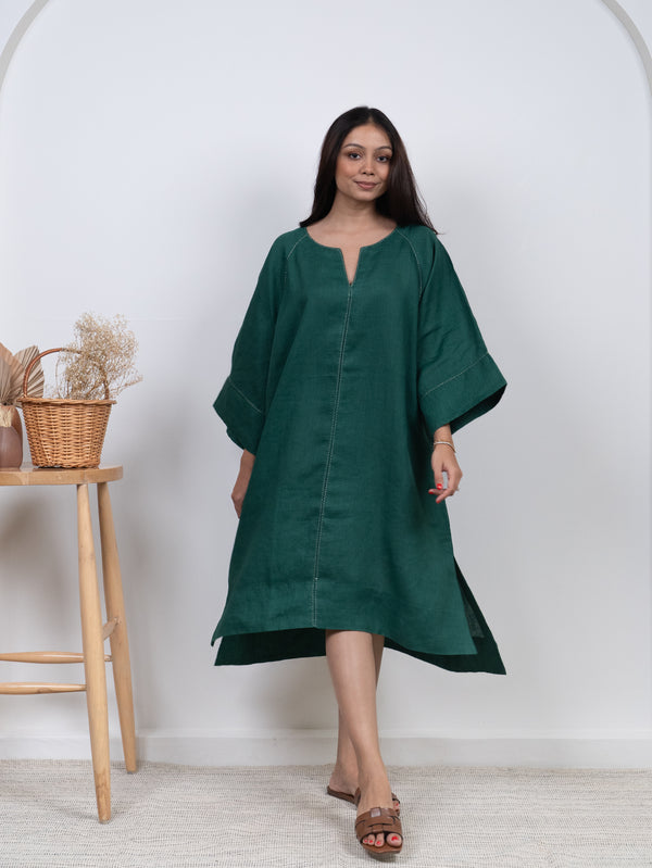 Linen Hand Embroidered Dress - Green