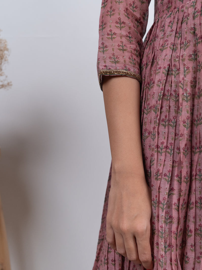 Chanderi Hand Block Printed Embroidered Kurta - Pink