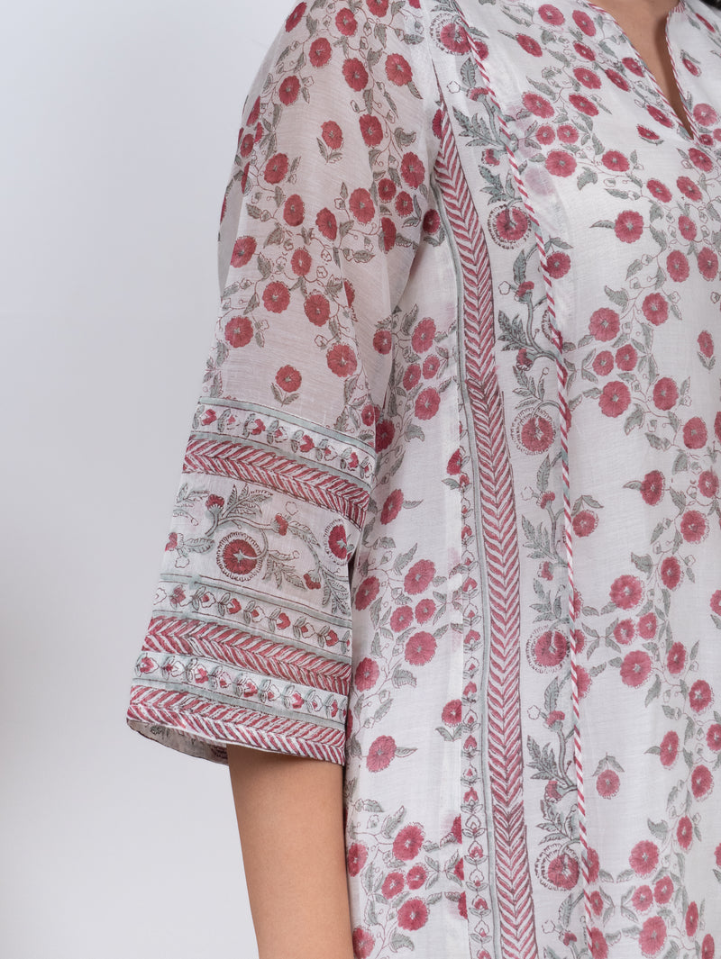Chanderi Hand Block Printed Kurta- White