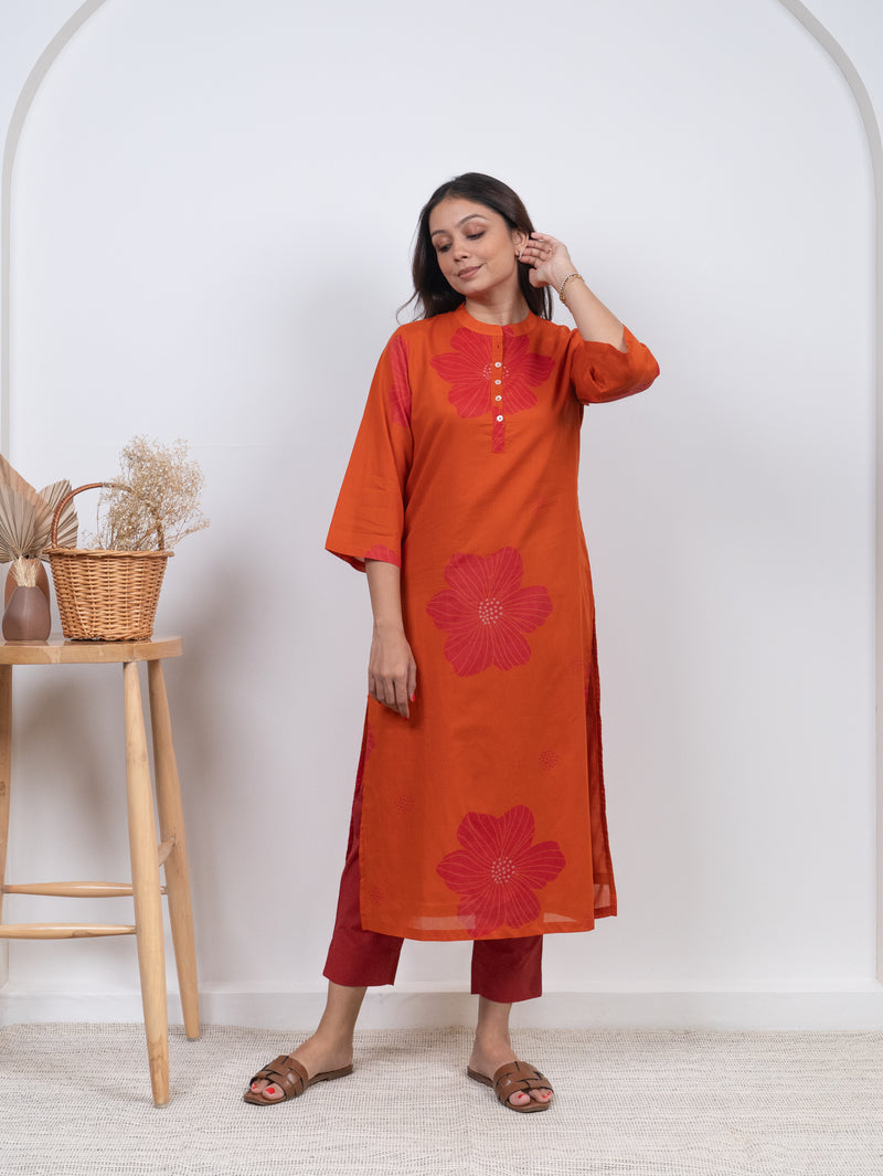 Cotton Screen Printed Kurta - Orange