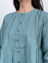 Linen Hand Embroidered Top - Blue