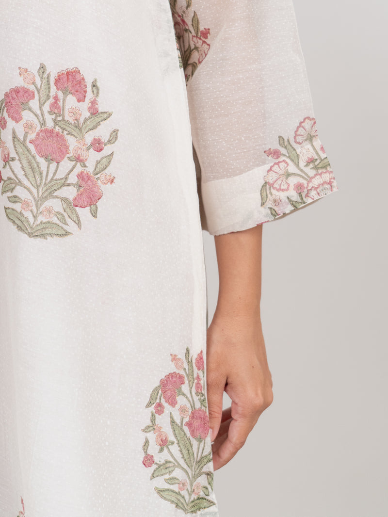 Chanderi Hand Block Printed Kurta- White