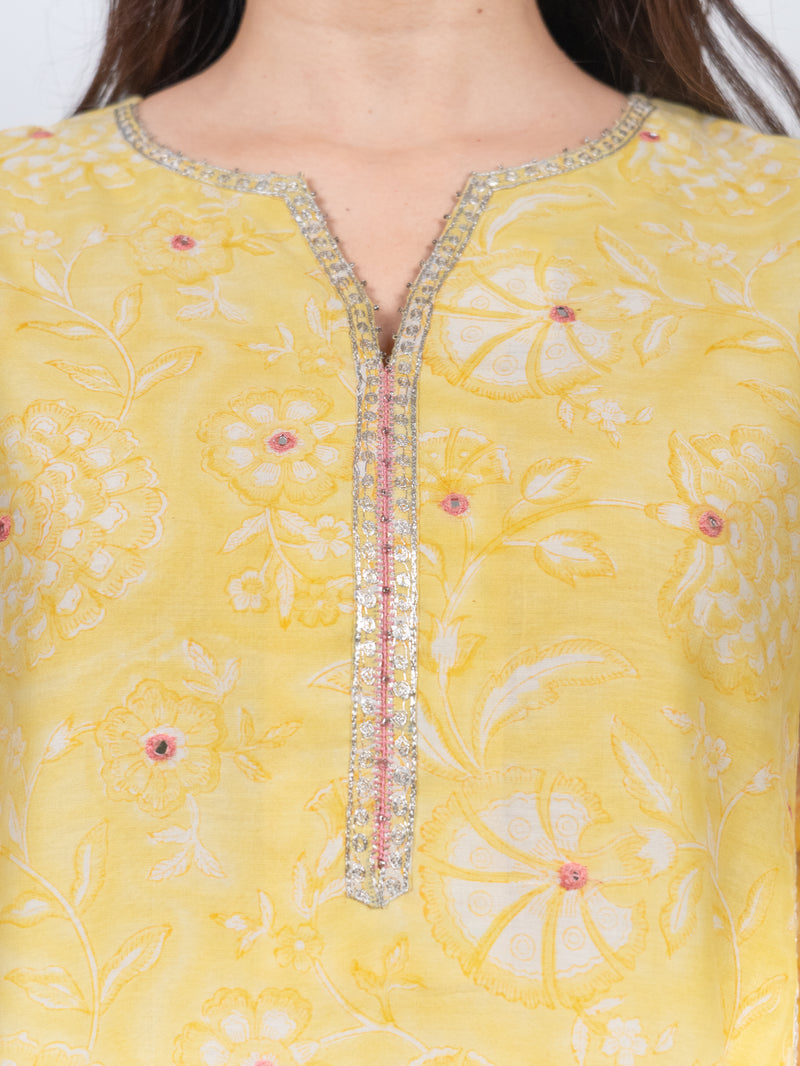 Chanderi Hand Block Printed kurta- Yellow