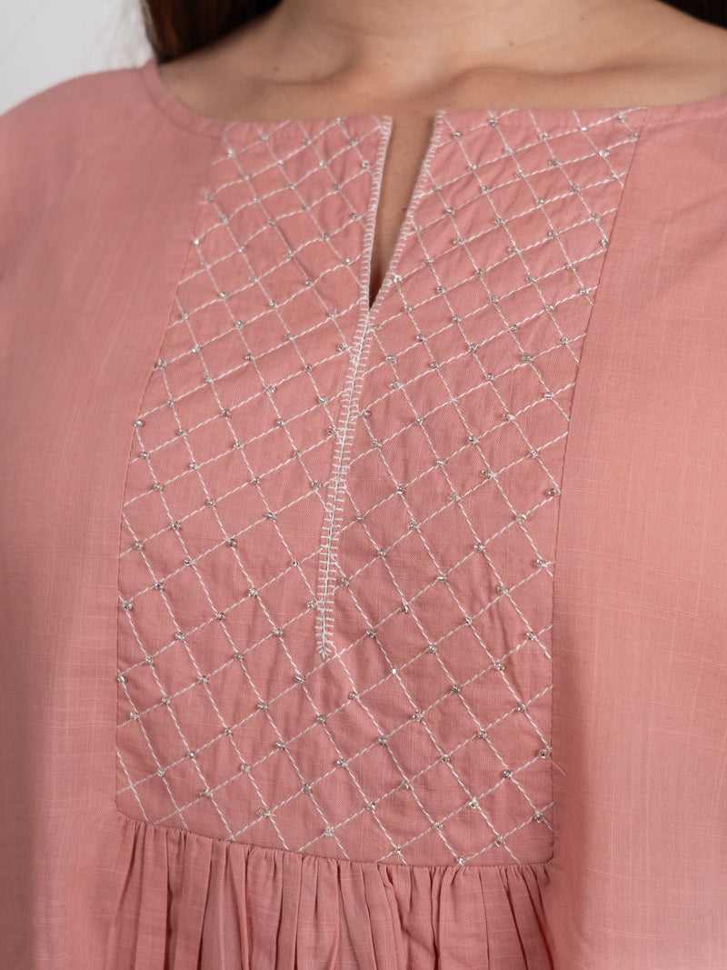 Cotton Hand Embroidery Kurta - Peach