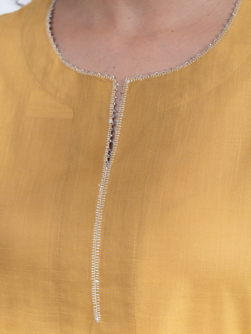 Cotton Hand Embroidery Kurta - Yellow