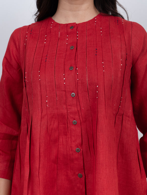 Linen Hand Embroidered Top - Red