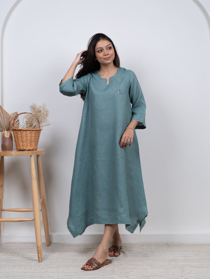 Linen Hand Embroidered Dress - Blue