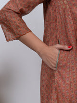 Chanderi Hand Block Printed Embroidered Kurta - Peach