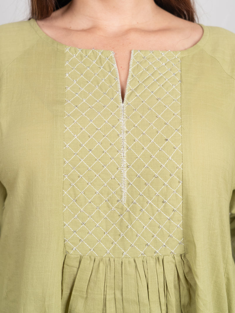 Cotton Hand Embroidery Kurta - Green