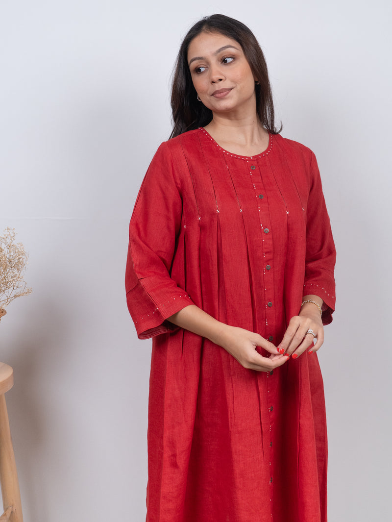 Linen Hand Embroidered Tunic - Red