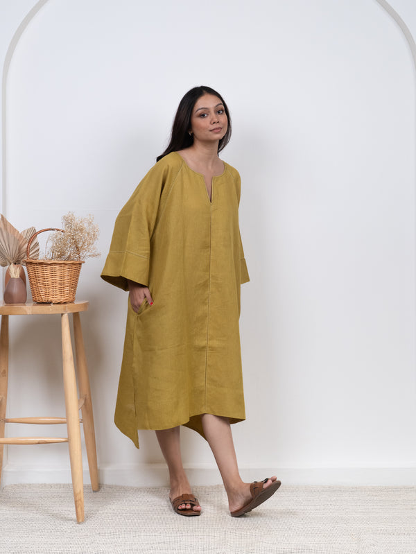 Linen Hand Embroidered Dress - Yellow