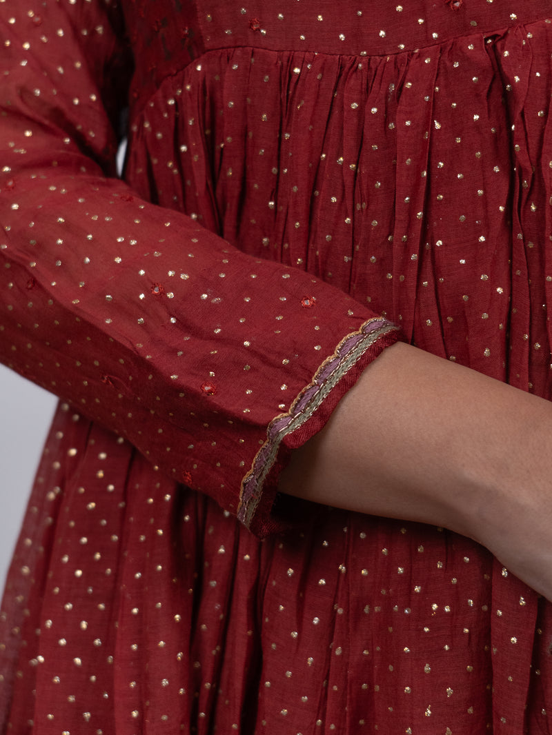 Chanderi Hand Block Printed Embroidered Kurta - Red