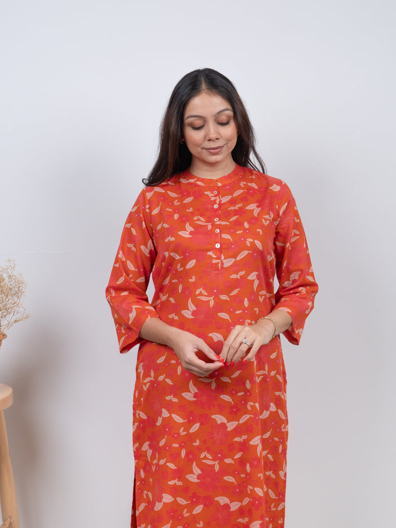 Cotton Screen Printed Kurta - Orange