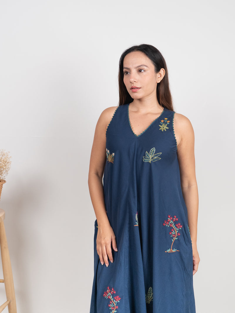 Cotton Hand Embroidered Dress - Blue