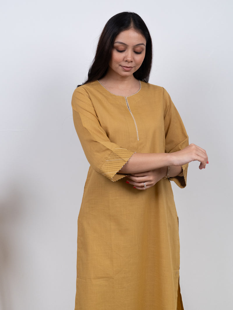 Cotton Hand Embroidery Kurta - Yellow