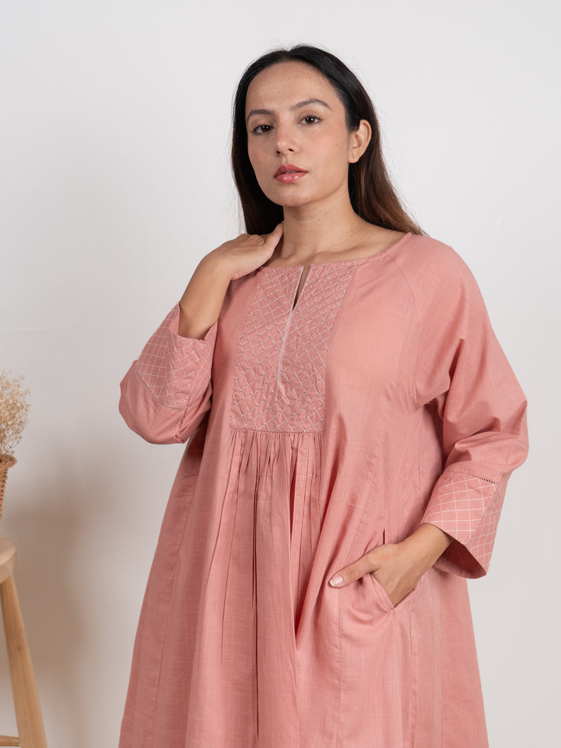 Cotton Hand Embroidery Kurta - Peach