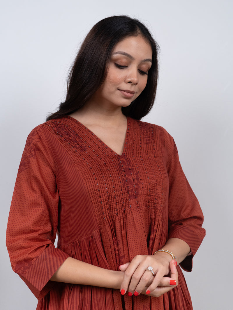 Cotton Hand Block Printed Kurta - Rust