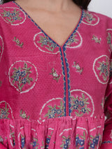 Chanderi V Neck Flare Kurta - Pink