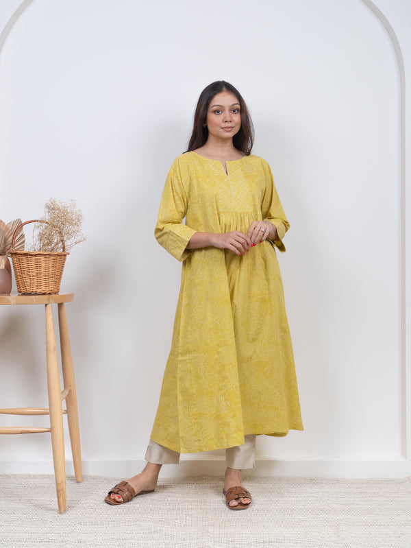 Cotton Hand Block Printed Kurta - Yellow