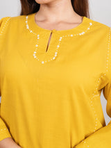 Cotton Hand Embroidery Kurta - Yellow