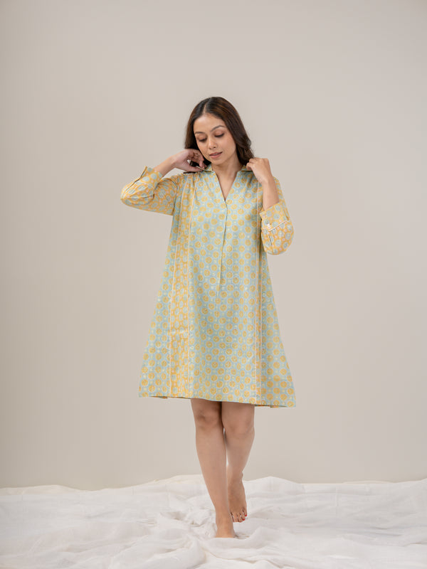 Cotton Hand Block Printed Dress- Yellow