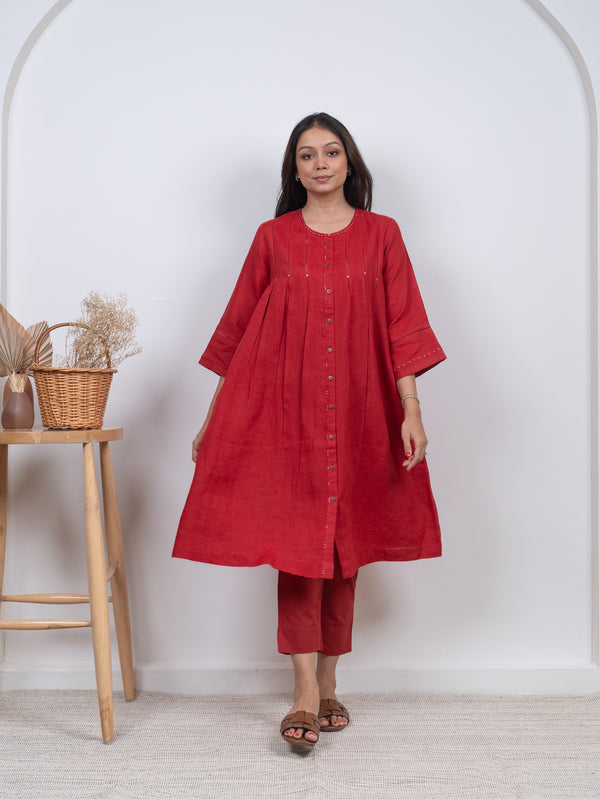Linen Hand Embroidered Tunic - Red