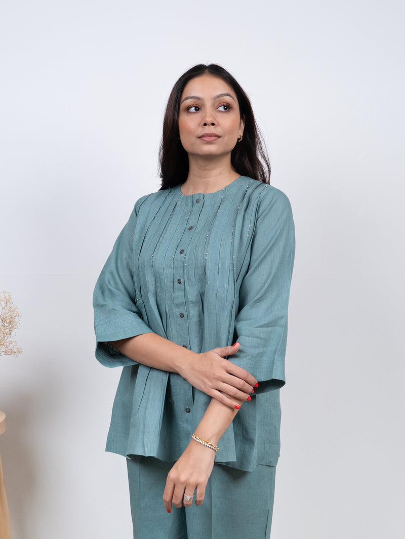 Linen Hand Embroidered Top - Blue